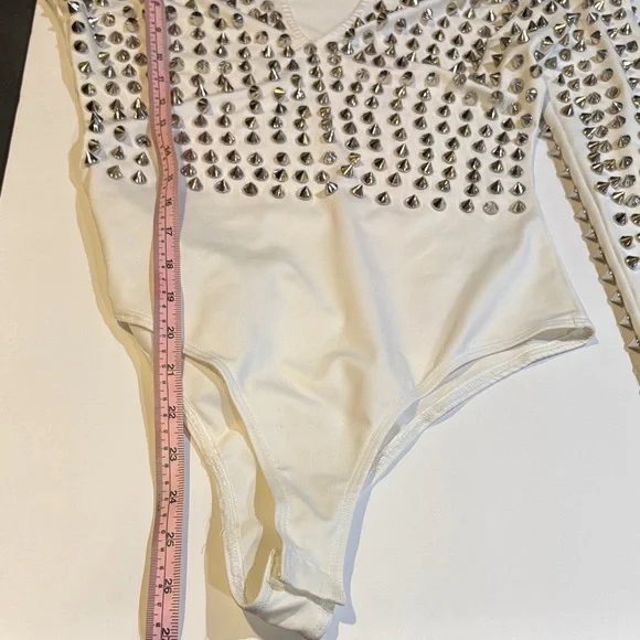 AKIRA Silver Spike Studded White Bodysuit Festival Clubwear - Picture 6 of 6